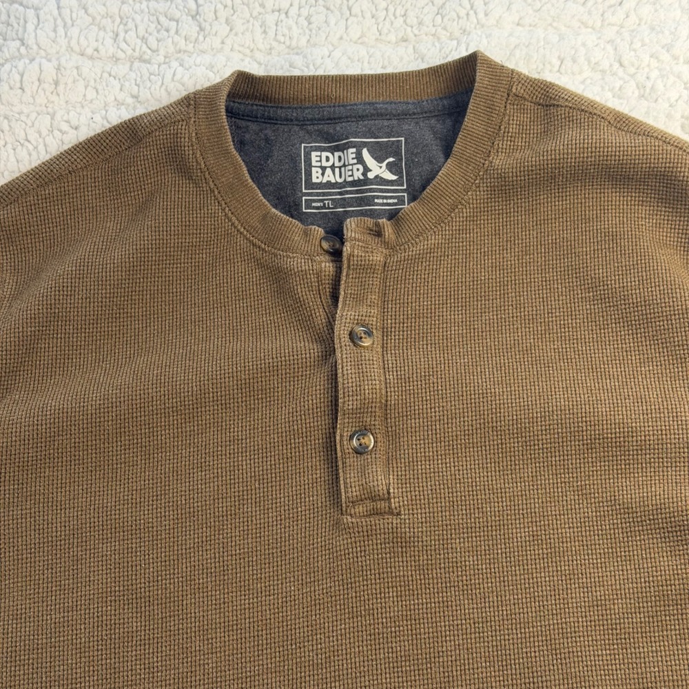 Eddie Bauer Mens Tall Brown Waffle Knit Henley Shirt Long Sleeve TL Gorpcore